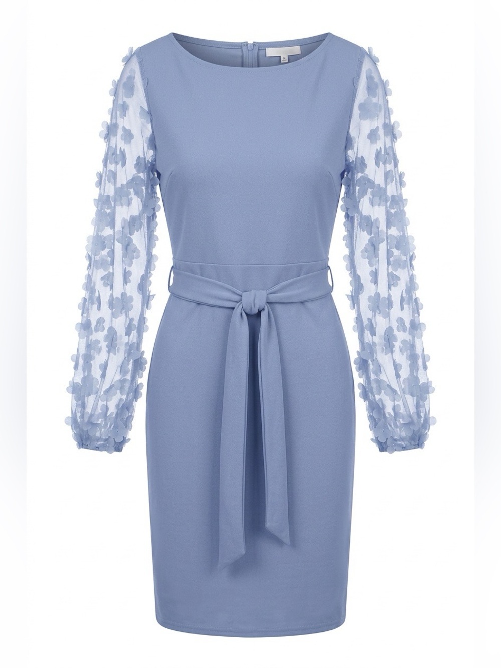 Elegant Light Blue Sheath Dress with Floral Mesh Sleeves - Picture 2 of 6